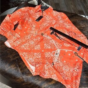 High-Waist Women's Shorts in Orange Paisley Print